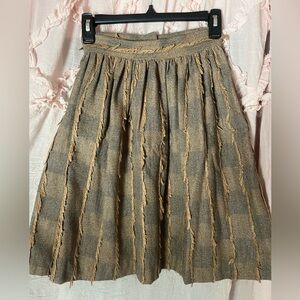 Vintage Lasting Impressions Tan & Brown pleated Skirt w/fringe accents 100% wool